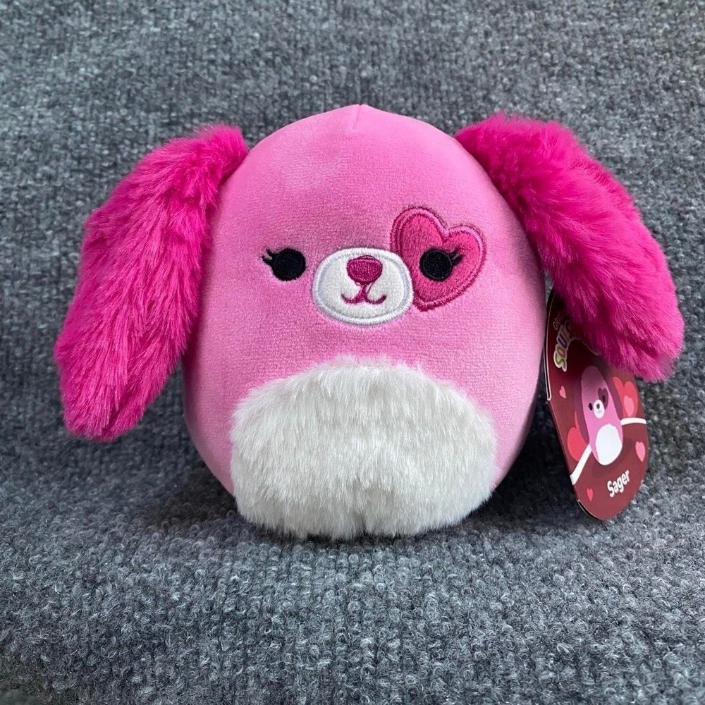 SQUISHMALLOW 5" SAGER PINK WHITE DOG STUFFED PLUSH TOY HEART EYE VALENTINES DAY